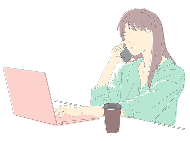 パソコンを操作しながら電話をする女性のイラスト