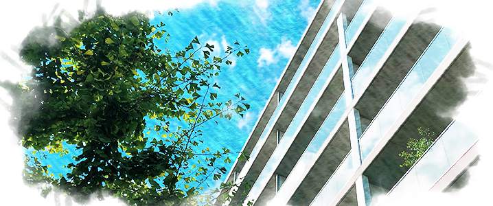 木立とマンションの間から空を見上げたイラスト風に加工した画像
